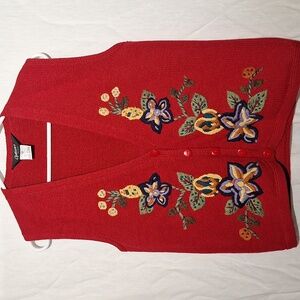 Vintage Knit Sweater Vest, Red Cotton Embroidered, Melrose brand
